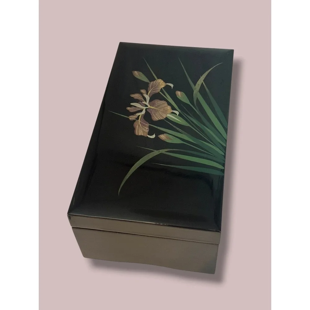 San Francisco Music Box Co Black Lacquer Iris Jewelry Box Lara's Theme Vintage